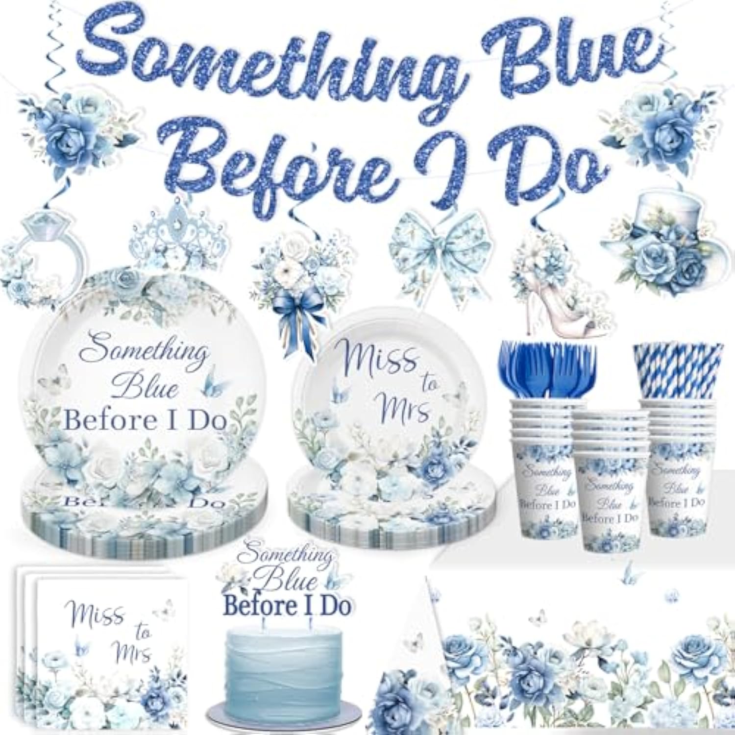 171Pcs Something Blue Before I Do Bridal Shower Decorations, With Pre-Threaded Banner 40 Thickened Plates And 2 Tablecloths, 20-Pack Disposable Paper Tableware For Blue Bridal Shower
