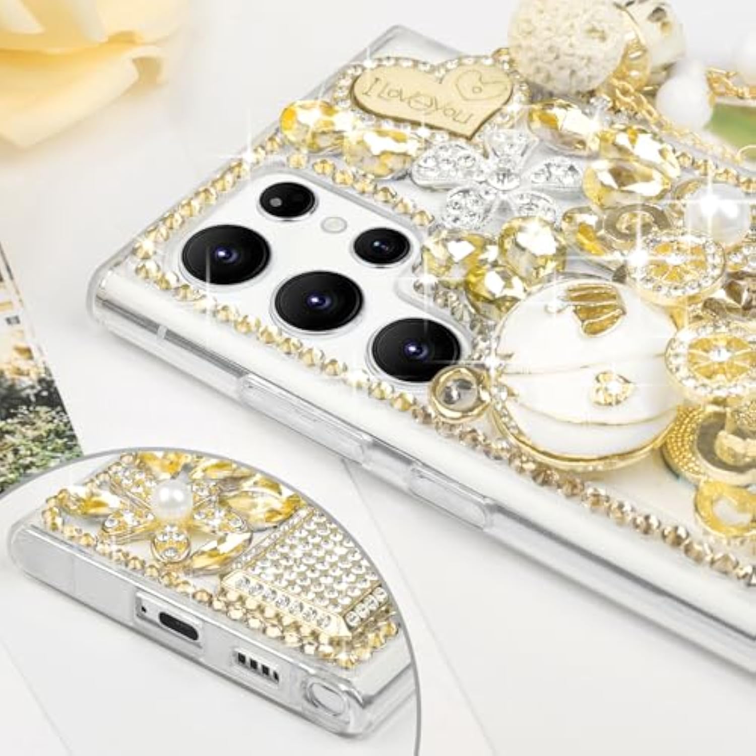 For Galaxy S25 Ultra Bling Case, 3D Bling Shiny Rhinestone Diamond Crystal Pearl Handmade Pendant Iron Tower Pumpkin Car Flowers Soft Protective Anti-Fall Case For Galaxy S25 Ultra(Gold)