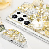 For Galaxy S25 Ultra Bling Case, 3D Bling Shiny Rhinestone Diamond Crystal Pearl Handmade Pendant Iron Tower Pumpkin Car Flowers Soft Protective Anti-Fall Case For Galaxy S25 Ultra(Gold)