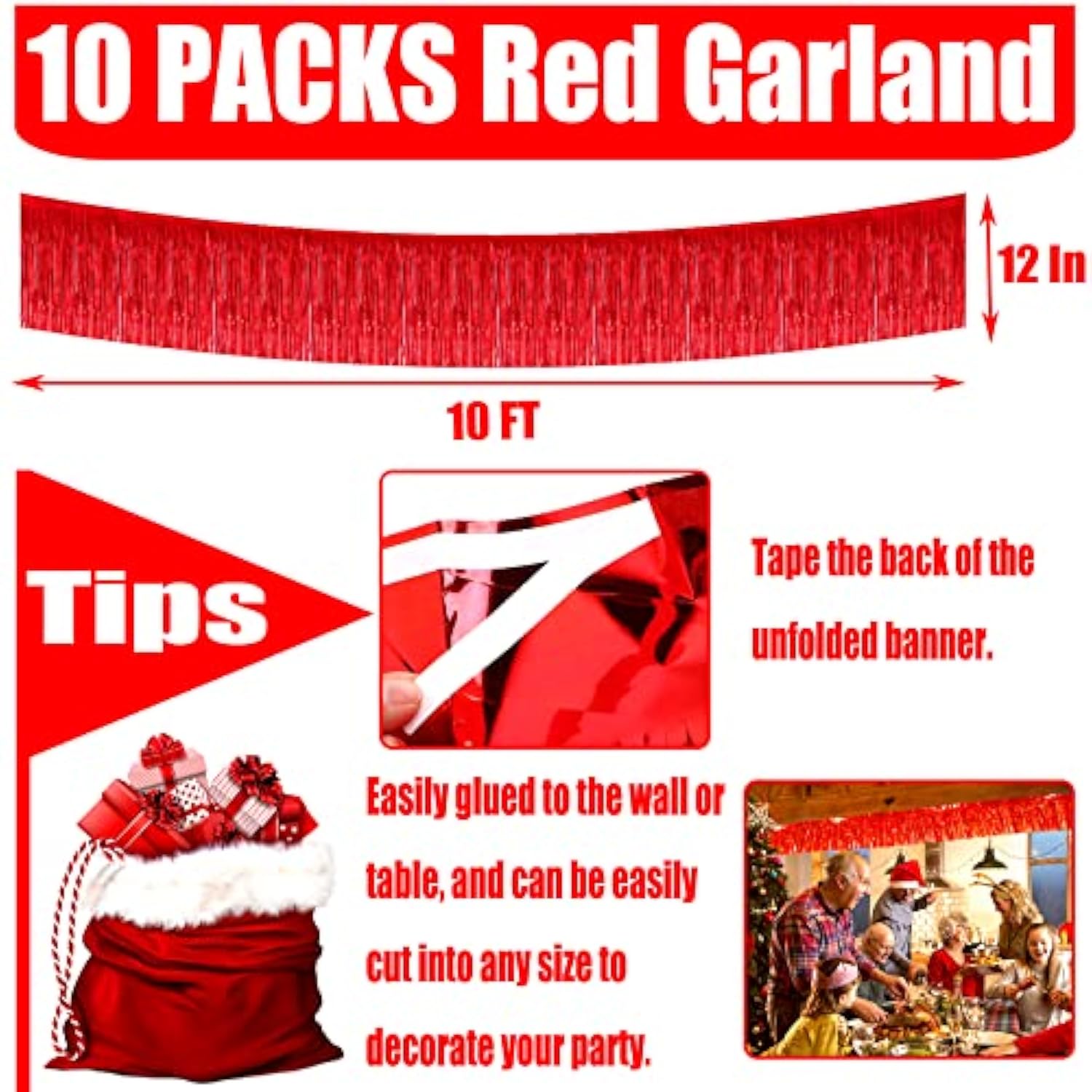 10 Pack 10 Feet Red Foil Fringe Garland Metallic Tinsel Streamers Banner Wall Hanging Curtain Backdrop For Parade Floats, Bachelorette, Wedding, Birthday, Halloween, Christmas Party Decorations