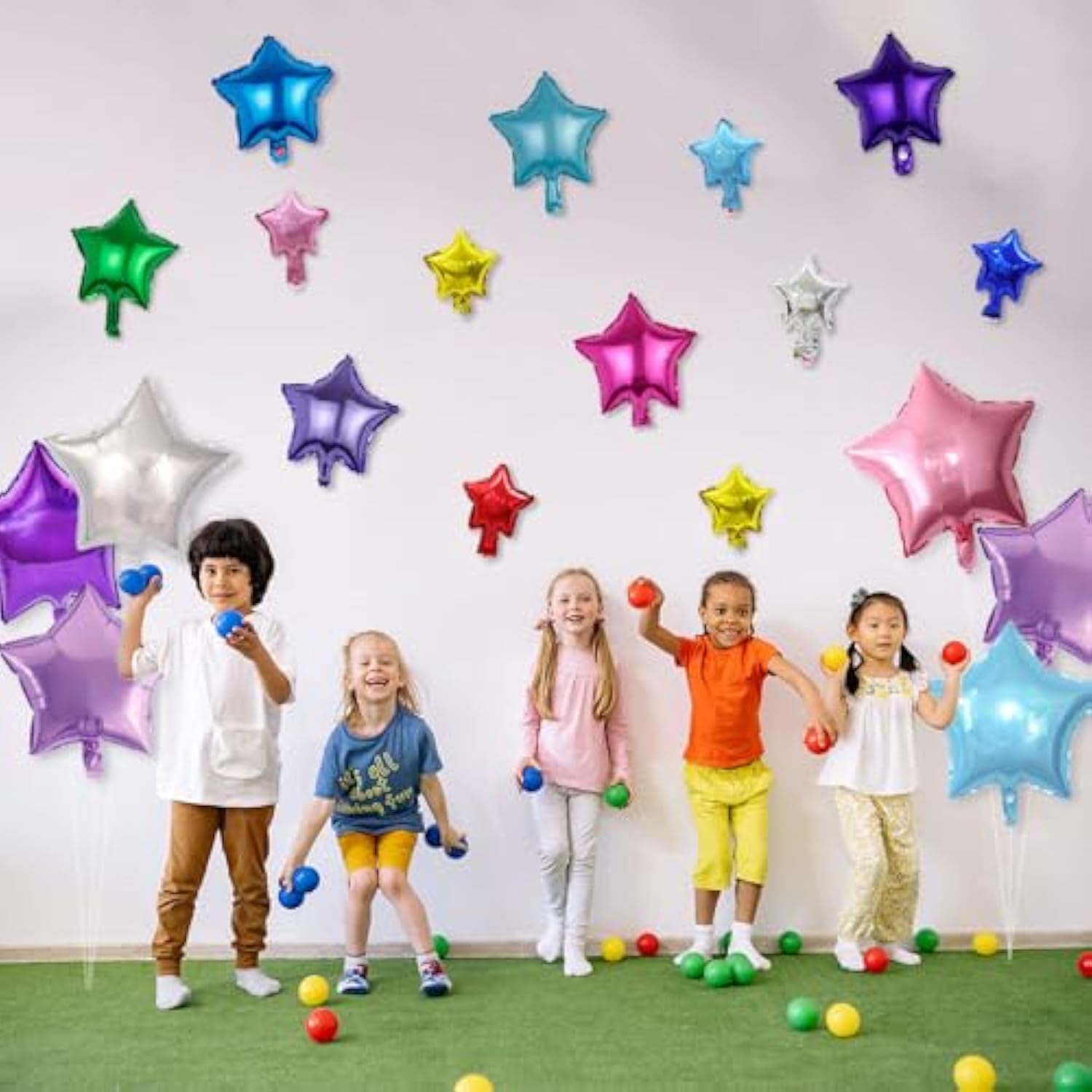 50Pcs Colorful Star Foil Balloons, 18Inch Star 10Inch Star 5Inch Star