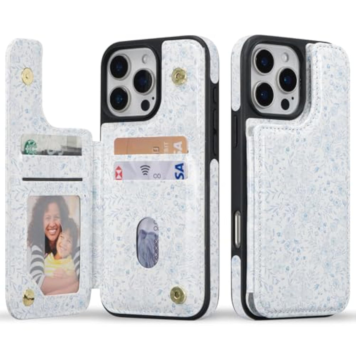 For Iphone 16 Pro Max Wallet Case With Card Holders,Pu Leather Double Magnetic Clasp Kickstand Trendy Girly Women Case For Iphone 16 Pro Max,Blue Flowers