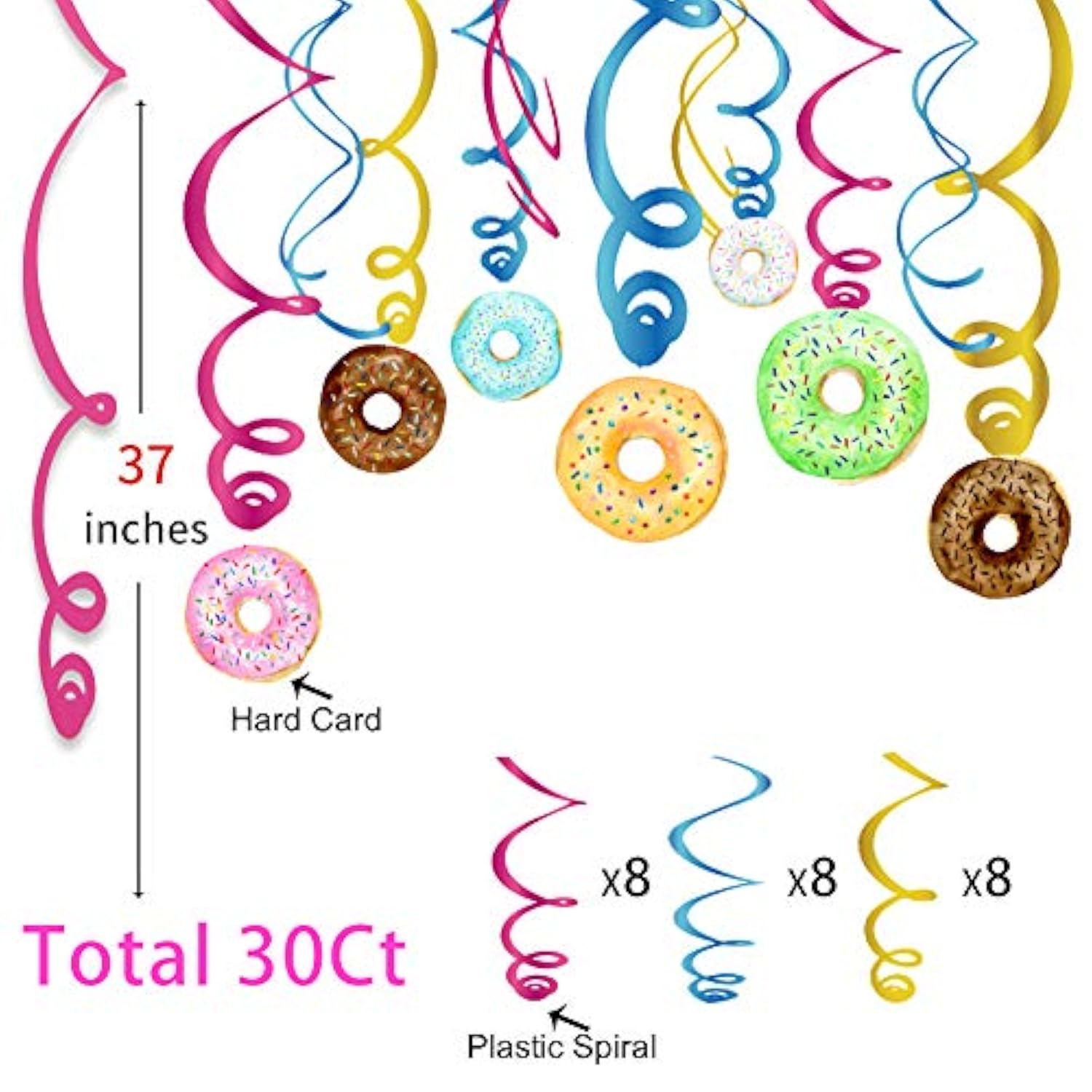 30pcs Donut Hanging Swirl Decorations for Kids Birthday, Baby Shower, Classroom