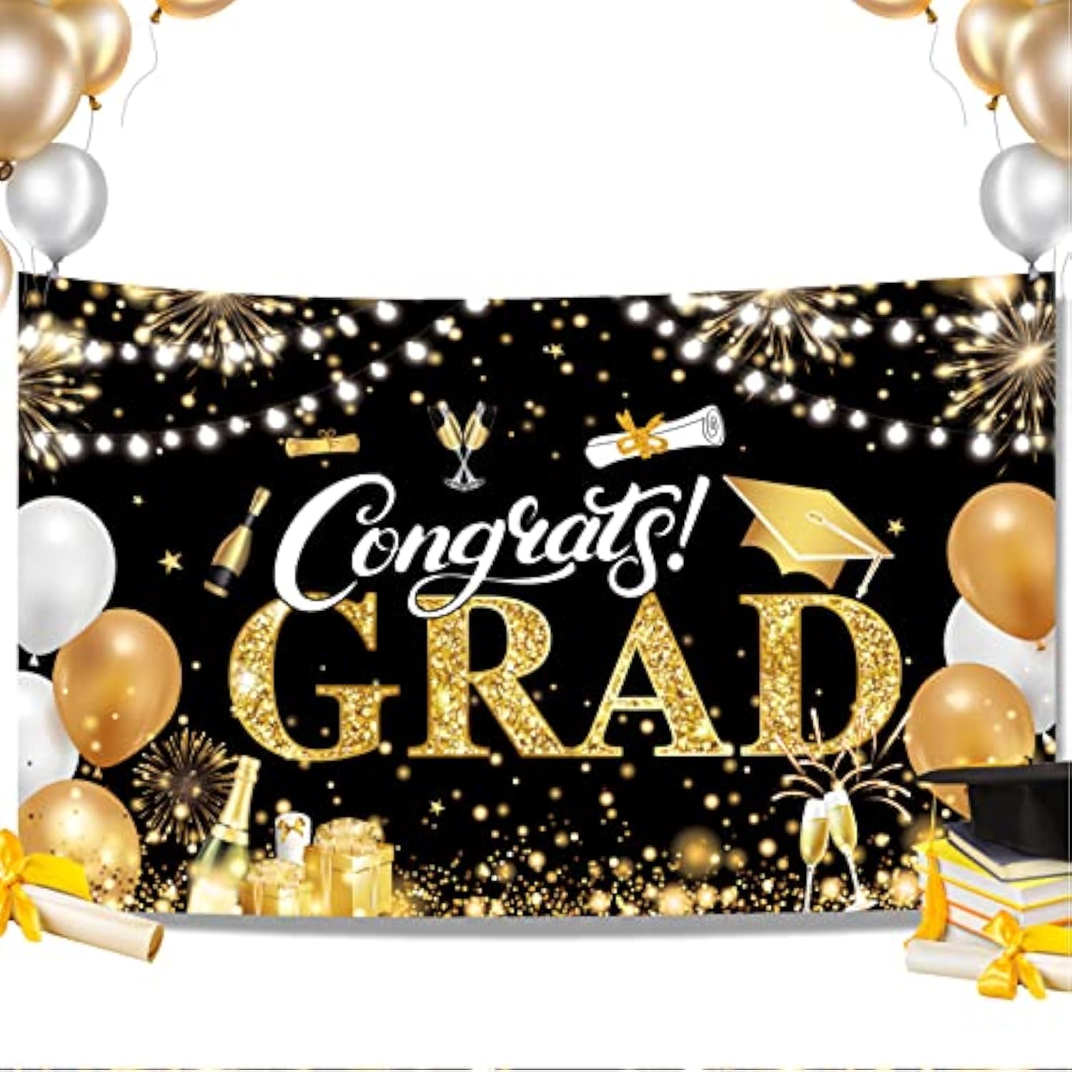 Graduation Banner 2025 Black And Gold - 72.8X43.3 Inch, Congrats Grad Banner For Party Decorations, Large Congratulations Class Of 2025 Graduation Backdrop