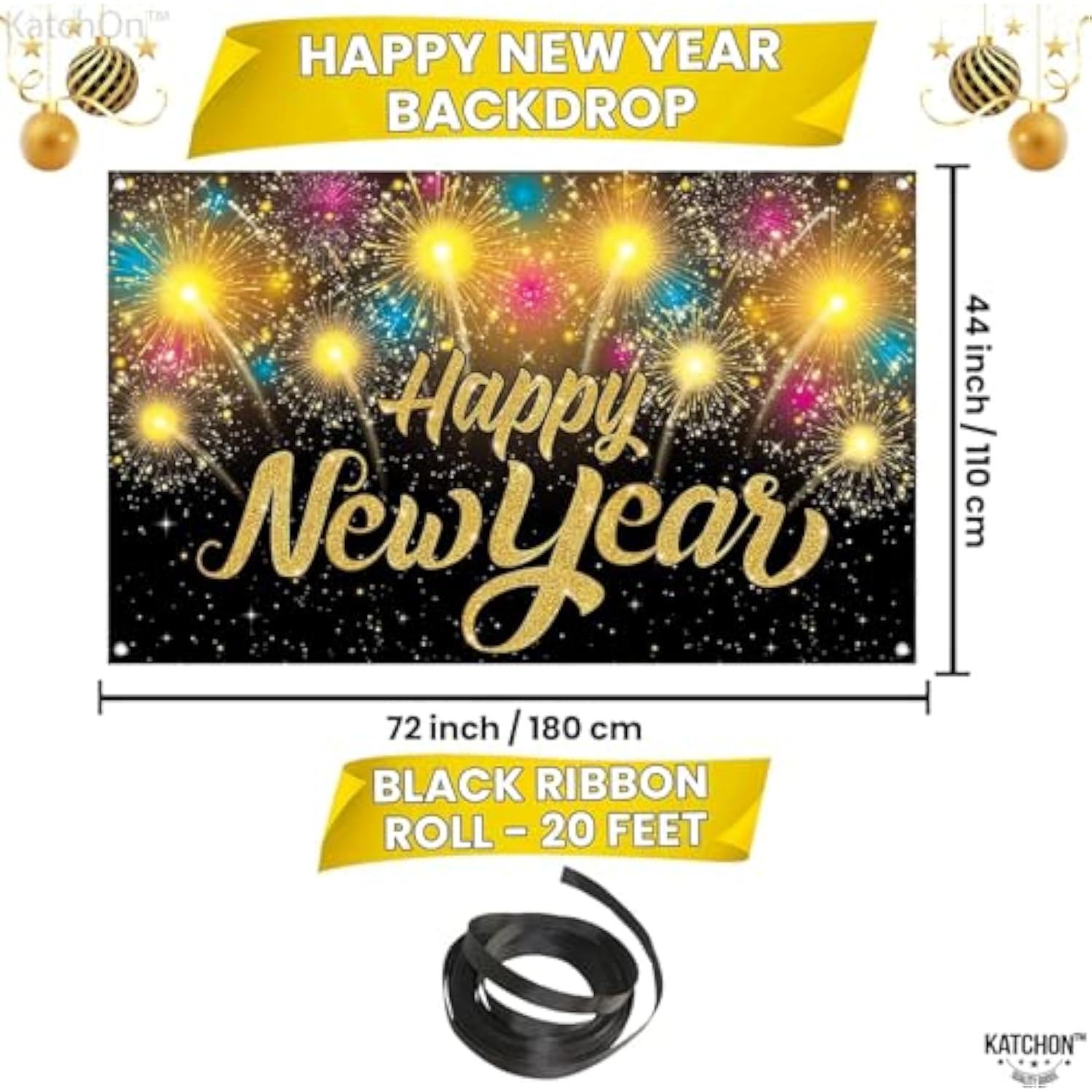 Extra Large Happy New Year 2026 Banner 72x44 Black Gold Party Backdrop