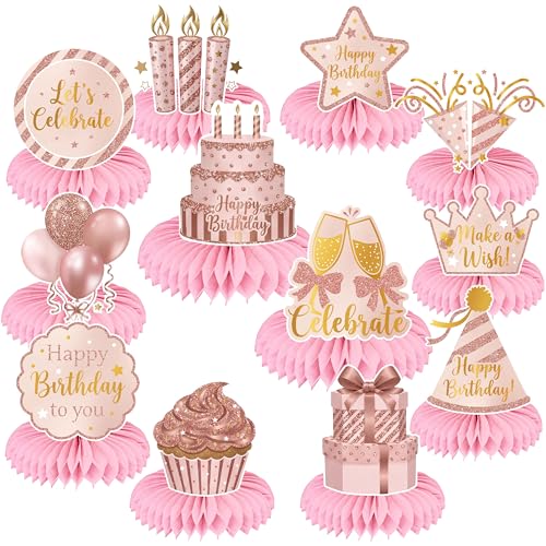 12 Pcs Rose Gold Happy Birthday Honeycomb Centerpieces for Tables Pink 3D Table Decorations Women Girls Party Supplies Cardstock Signs