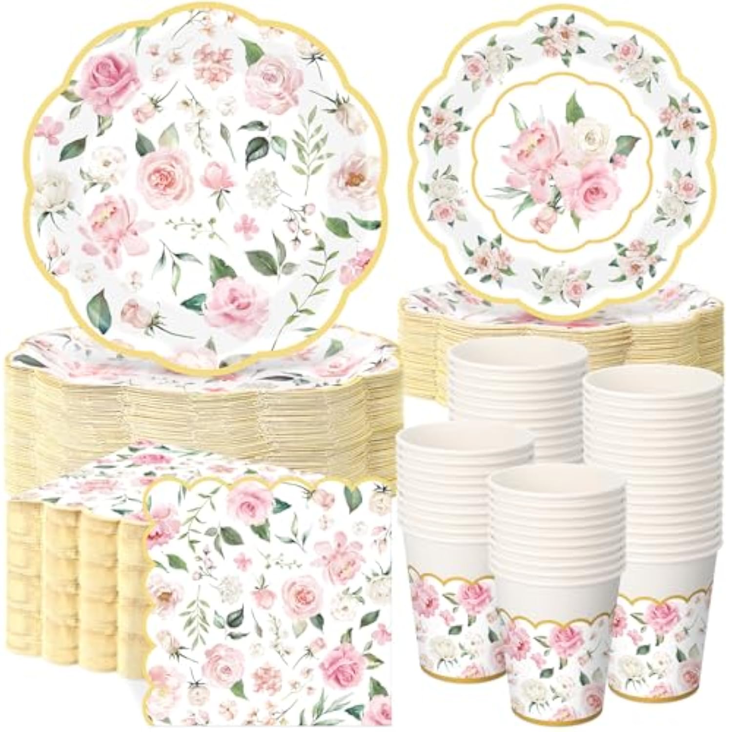 250Pc Pink Gold Floral Tableware Set Plates Napkins Cups for Parties Serves 50