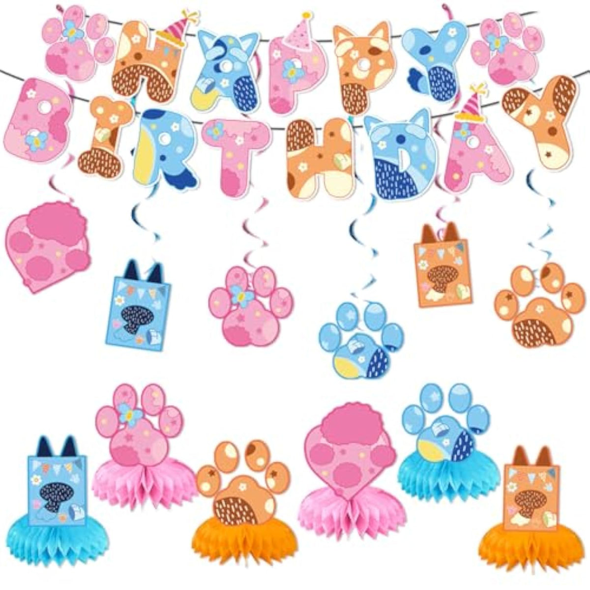 Blue Dog Birthday Decoration Set, Cartoon Animal Happy Birthday Banner & Party Supplies