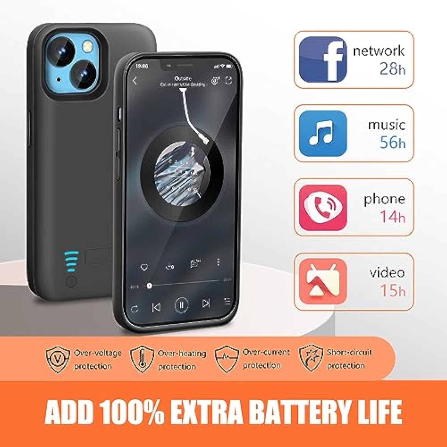 [Upgraded] Battery Case For Iphone 14, 5000Mah Rechargeable Extended Battery Charging/Charger Case, Add 100% Extra Juice, Support Wire Headphones (6.1 Inch) Black