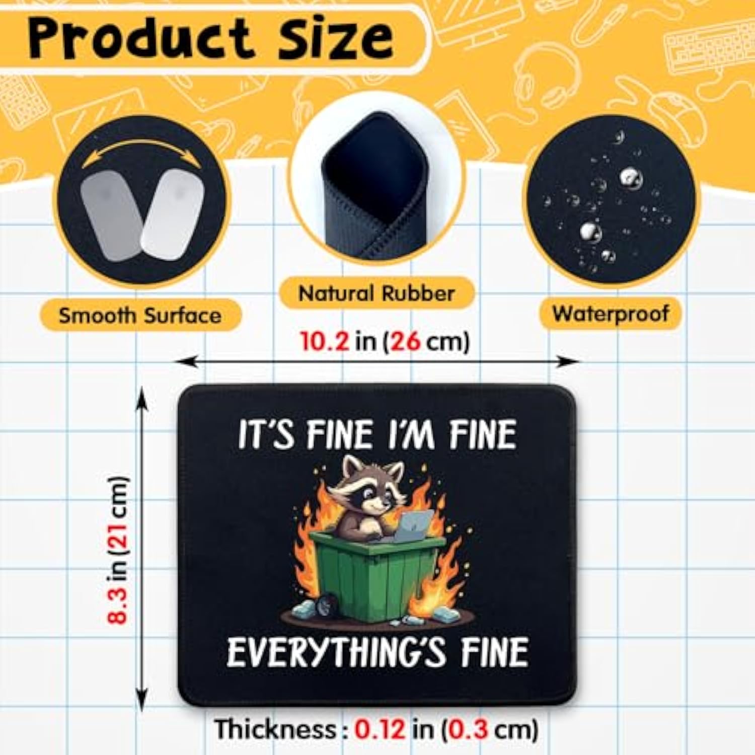 Funny Dumpster Fire Raccoon Mouse Pad Gifts - It'S Fine I'M Fine Everything'S Fine - Non-Slip Mousepad With Stitched Edge - Rectangular Mouse Mat For Laptop Gaming - Office Desk Decor Gifts