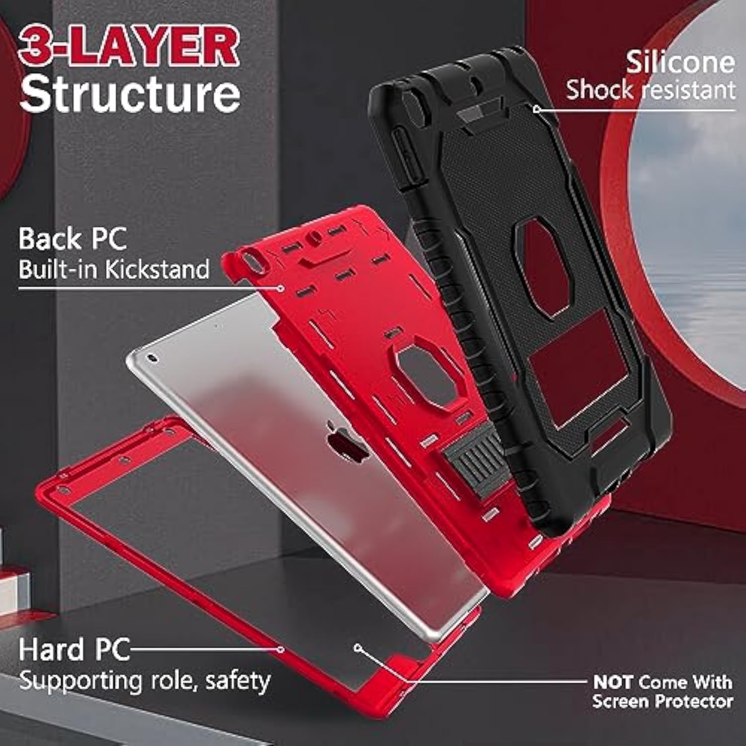 Case For Ipad 9Th/8Th/7Th Generation 2021/2020/2019(10.2 Inch), Heavy Duty Grade Shockproof Rugged Protective 10.2" Cover With Built-In Stand For Ipad 9 8 7 Gen (Black+Red)