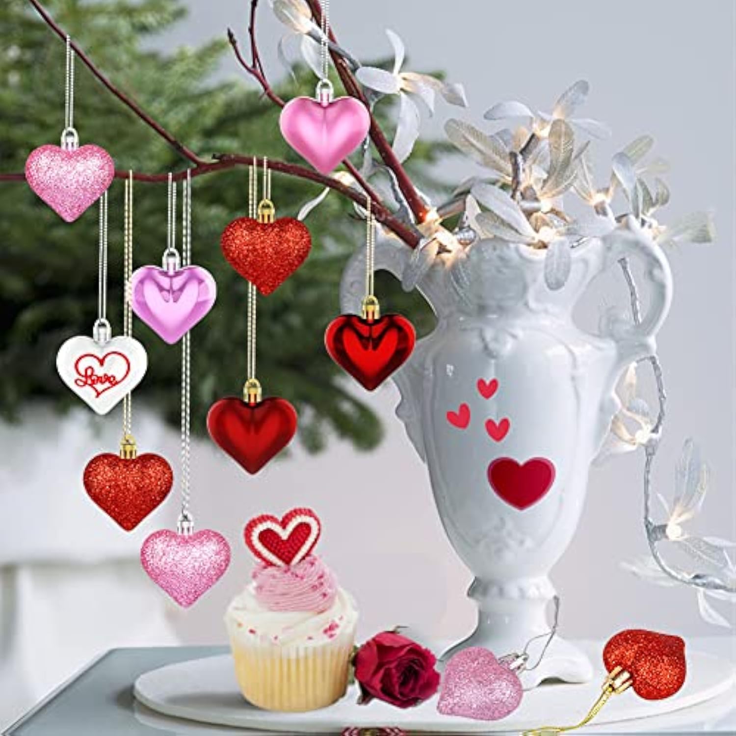 Valentine'S Day Decor Heart Ornaments 36 Pcs Heart Shaped Baubles Red Pink White Hanging Decorations For Valentine'S Day Christmas Wedding Anniversary