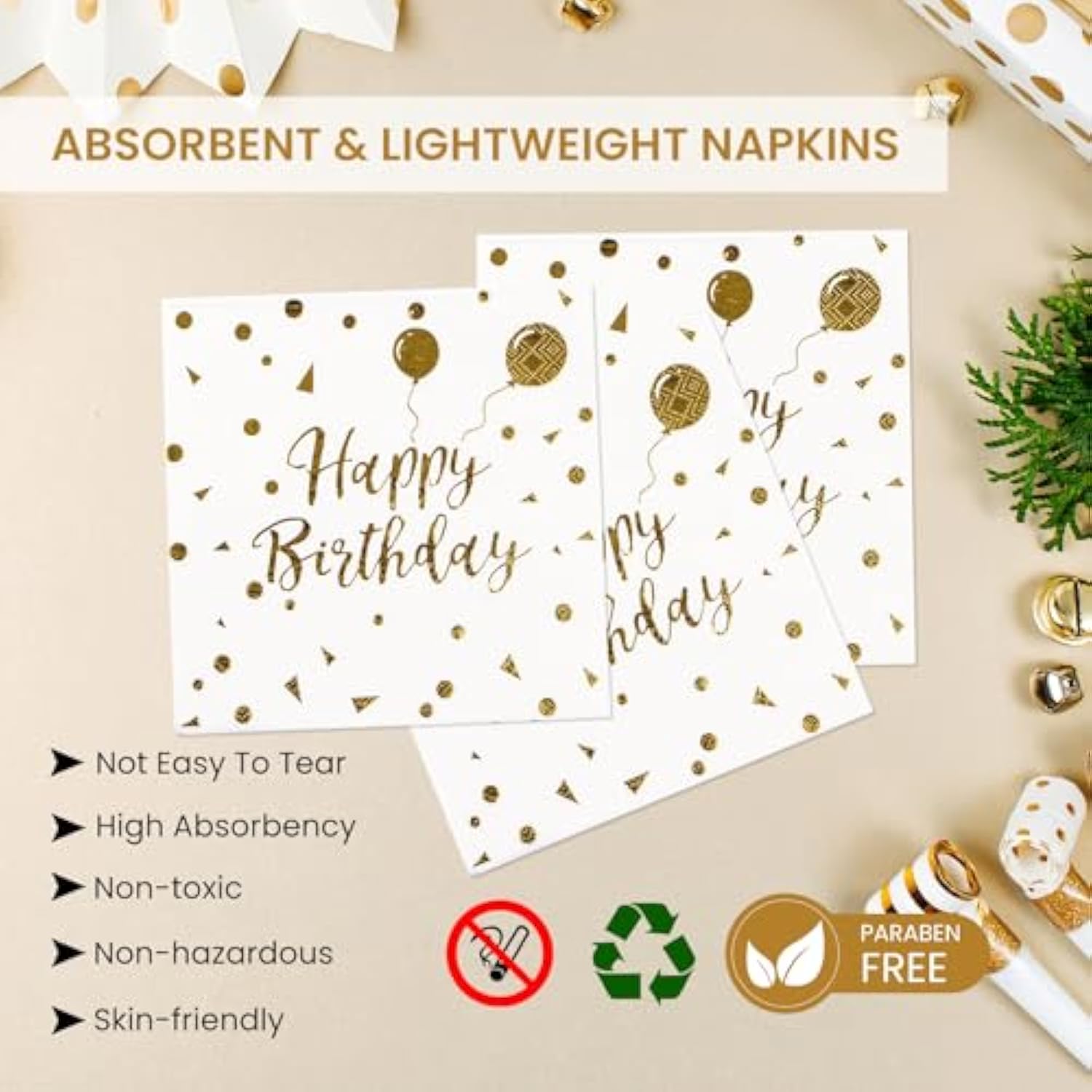 75Pcs Happy Birthday Paper Plates 7" White Gold Dot Set with Napkins & Forks, 25 Guests