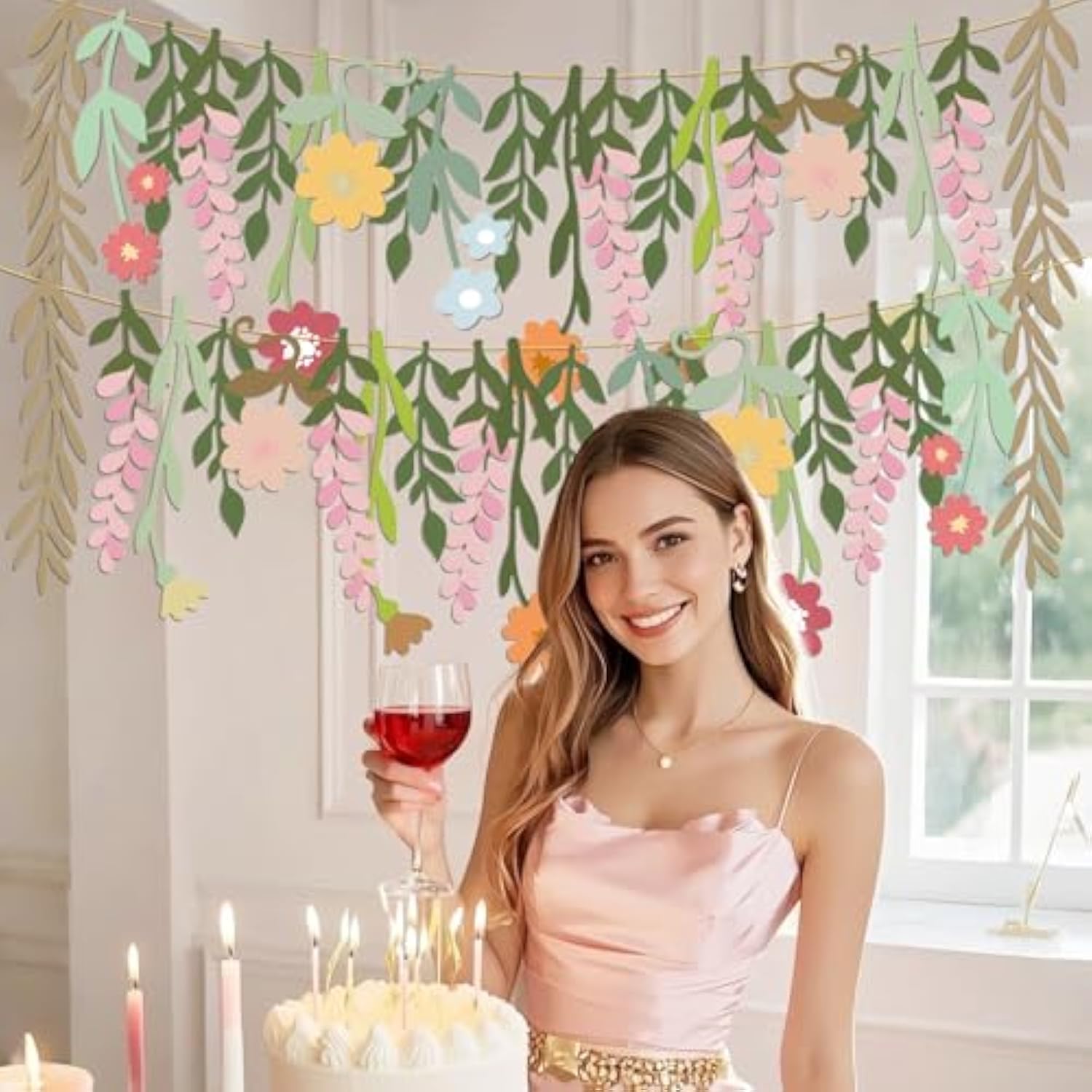 2 Pcs Flower Birthday Party Banner Spring Decor Floral Theme Hanging Garland Spring Happy Birthday Flower Banner Boho Floral Leaf Party Supplies For Women Wedding Baby Shower Backdrop Indoor Outdoor