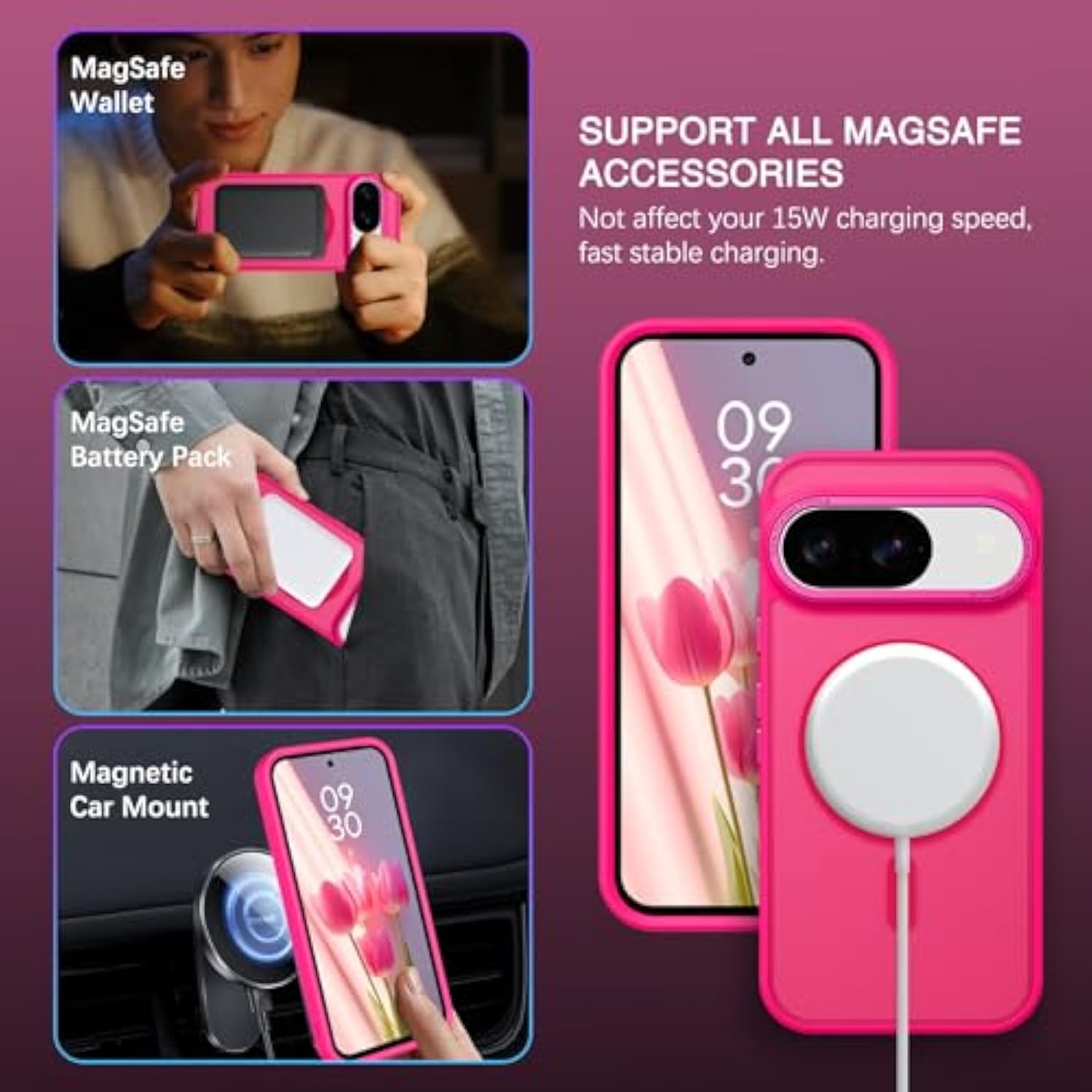 For Google Pixel 9 Case [Compatible With ] Translucent Matte Magnetic Pixel 9 Case Slim Thin Shockproof Women Men Girls Boys Protective Phone Cases For Google Pixel 9 6.3", Hot Pink