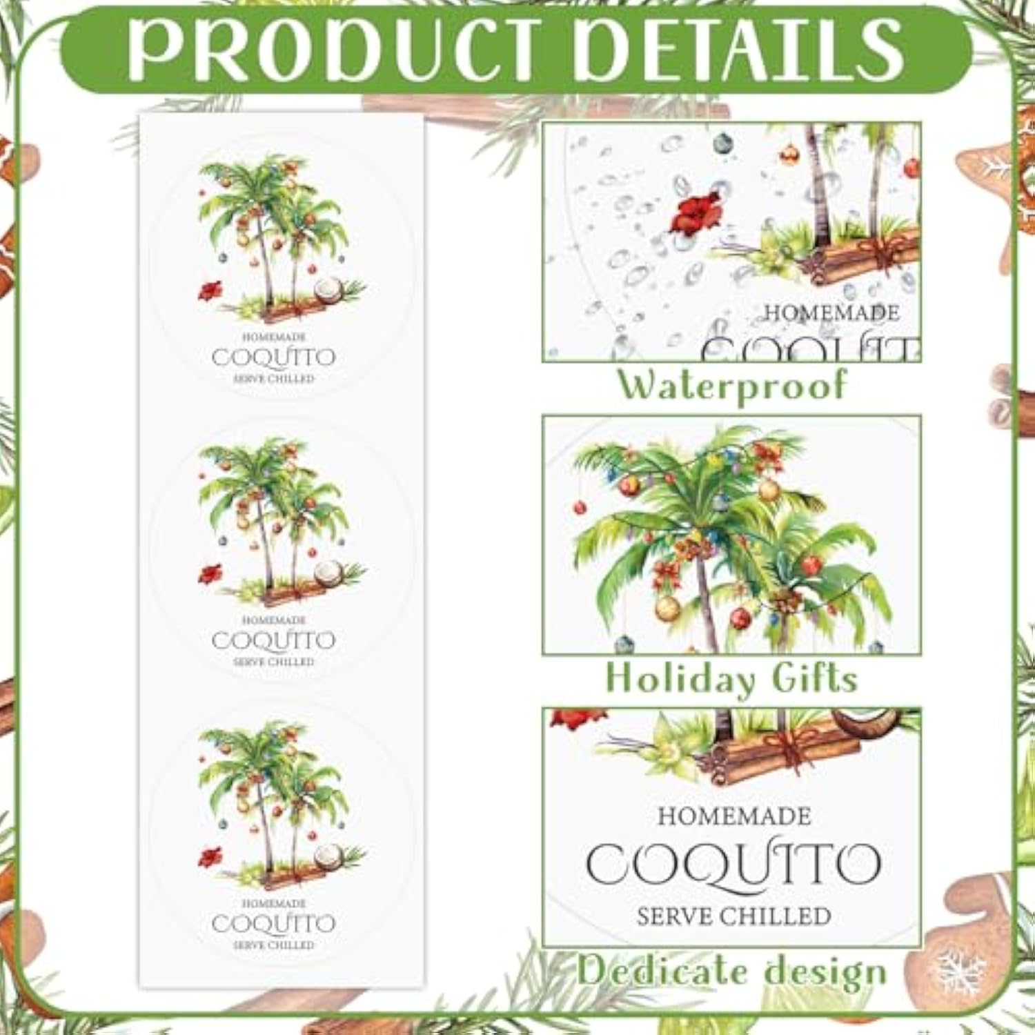 100 Pcs Coquito Labels For Bottles 2.3" Coquito Bottle Sticker Labels With Graphic Of Coconut Palm Tree For Home Holiday Christmas New Year Party Supply(Round)