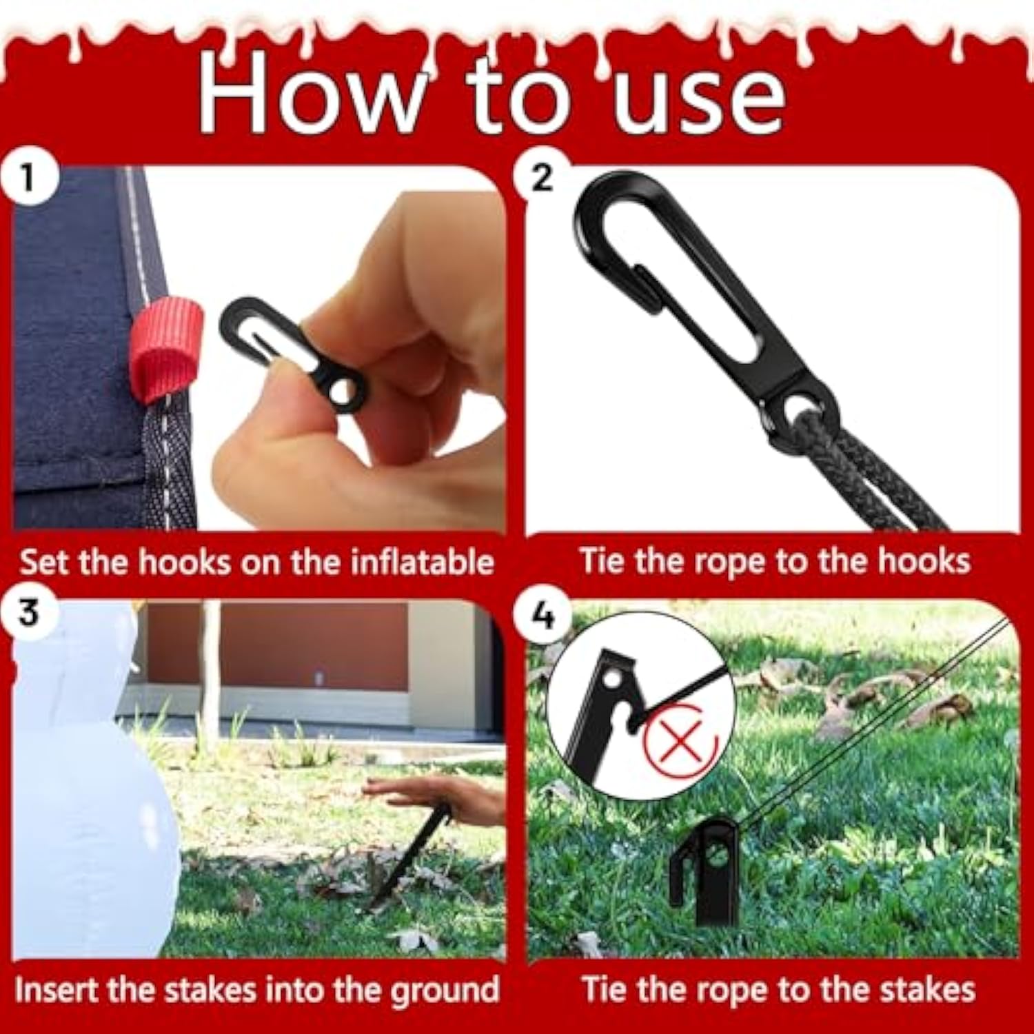 33Pcs Inflatable Stakes And Tether, Heavy Duty Plastic Tent Stakes With Hooks For Inflatables Spikes Replacement Hallowe