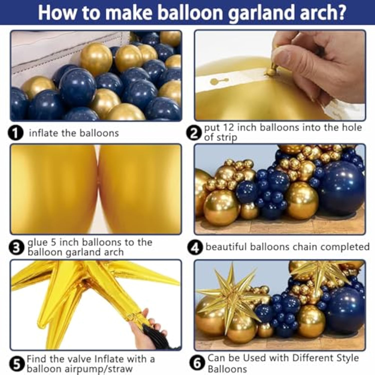 Navy Blue And Gold Balloons Arch Garland Kit, 5 10 12 18 Inch Royal Blue Gold Balloons With Explosion Star Balloons 101Pcs Balloons For Anniversary Wedding New Year Birthday Party Decorations