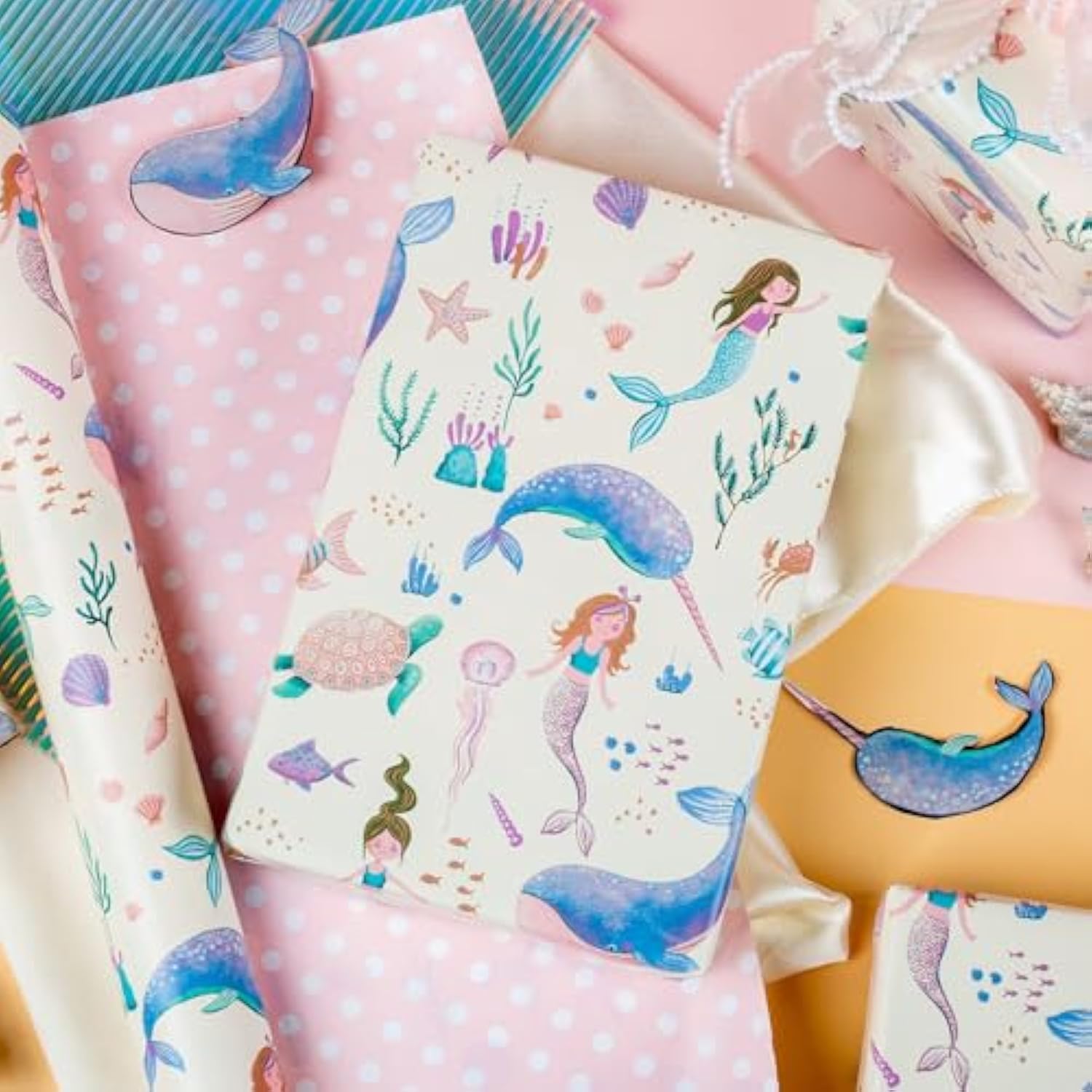 Reversible Mermaid Wrapping Paper Roll,Metallic Foil Whale,Turtle And Sea Creature With Pink Polka Dot For Kids,Girlsbirthday,Baby Shower,Mini Roll (17 In X 32.8 Ft)