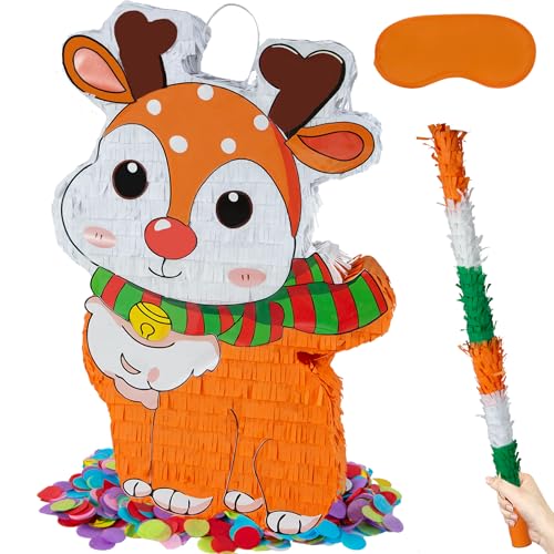 21.6 Inch Christmas Reindeer Piñata with 30 Inch Piñata Stick Blindfold Confetti for Boy Girl Adults Xmas Party Game Decorations