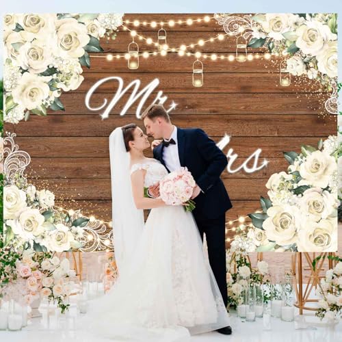 Mr and Mrs Bridal Shower Backdrop for Wedding Party Decorations White Floral Rustic Wooden Photography Background Bride to Be Engagement Proposal Anniversary Banner Photo Booth Props 7x5ft
