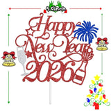 Happy New Year 2025 Cake Topper Blue Red Glitter Party Decoration