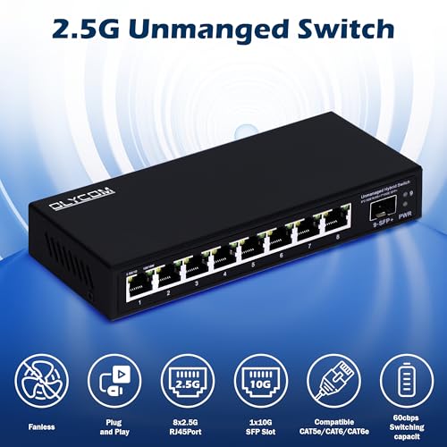 8 Port 2.5G Unmanaged Ethernet Switch 8X2.5Gbase-T Ports 1X10G Sfp+ Fiber Switch 60Gbps Bandwidth Desktop/Wall Mount Plug And Play Compatible With 100/1000/2500Mbps(9Port| 8×2.5G + 1×10G Sfp+)