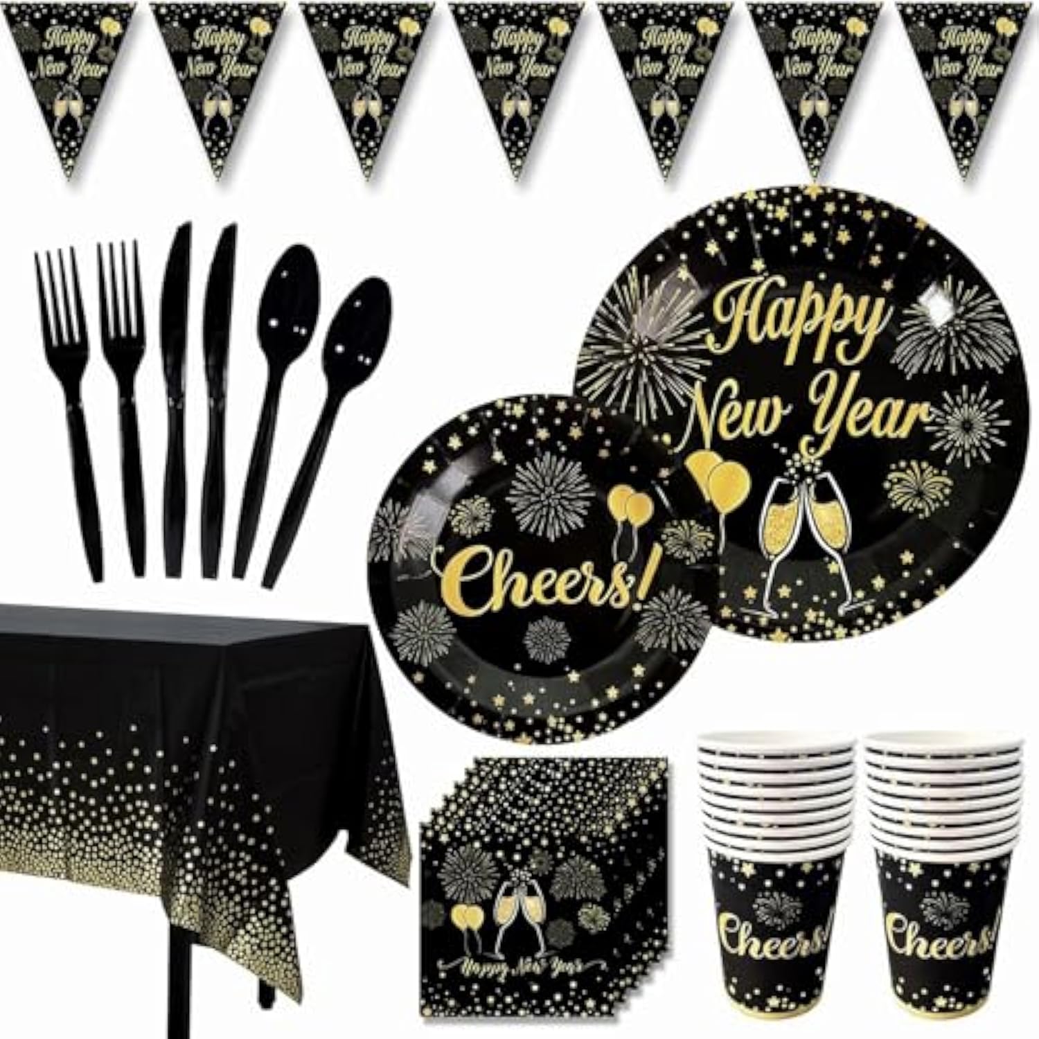 New Years Party Supplies, 2026 Black And Gold New Year Disposable Tableware, Including Dinner Plates, Dessert Plates, Napkins, Cups Tablecloth For New Years Eve Party Supplies Decor Serves 20