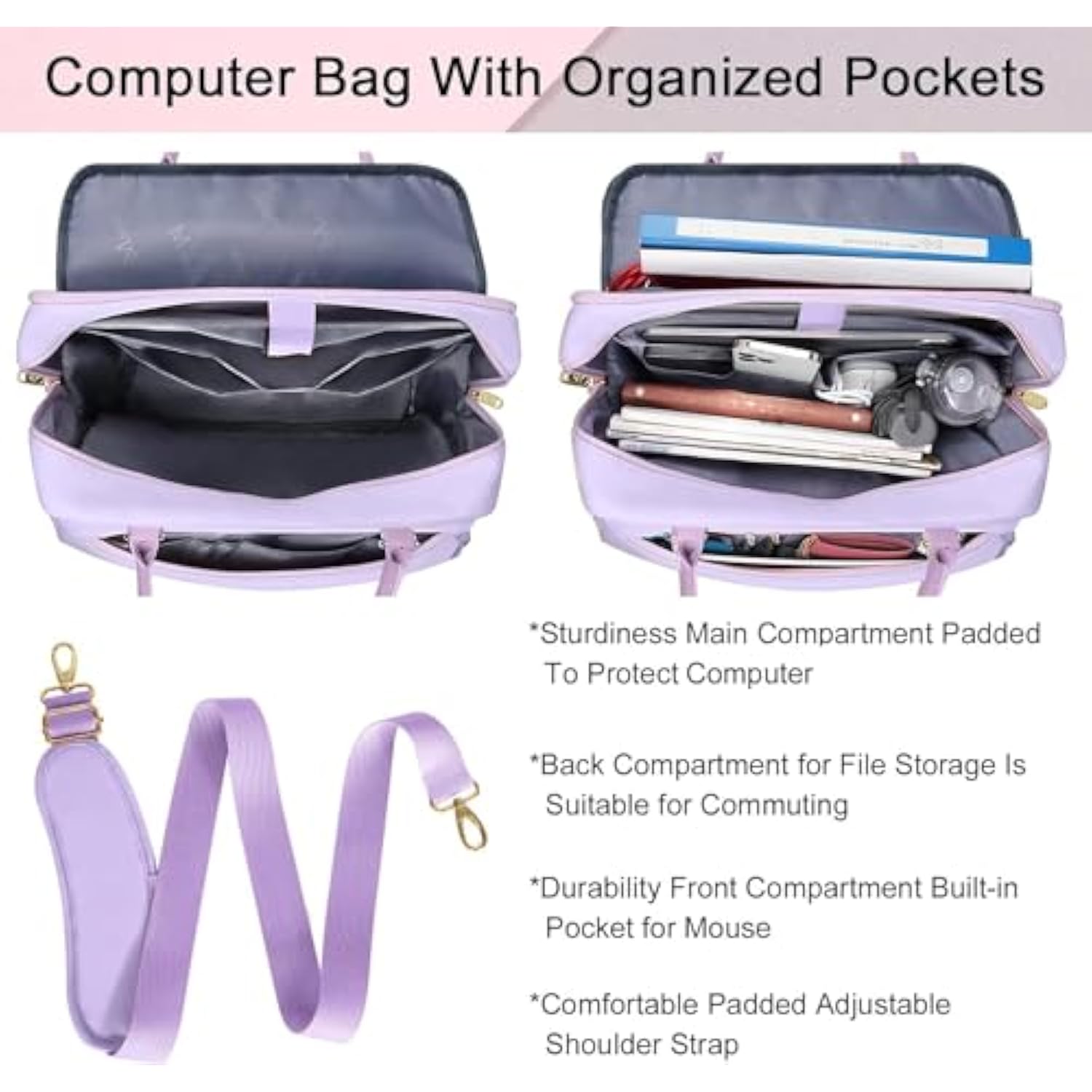 Laptop Briefcase For Women, Fashion 15.6 Inch Computer Sleeve Bag Case With Adjustable Shoulder Strap, Water Resistant Cute Purple Messenger Work Tote Bag Gifts For Women Nurse Teacher College