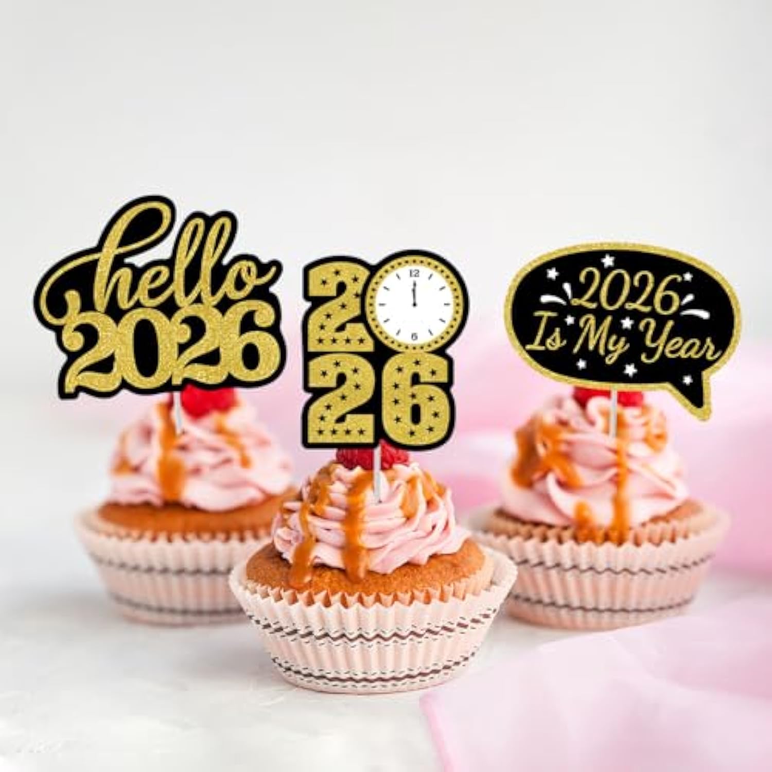 24pcs Happy New Year Cupcake Toppers Black Gold 12 Patterns for 2026 Party