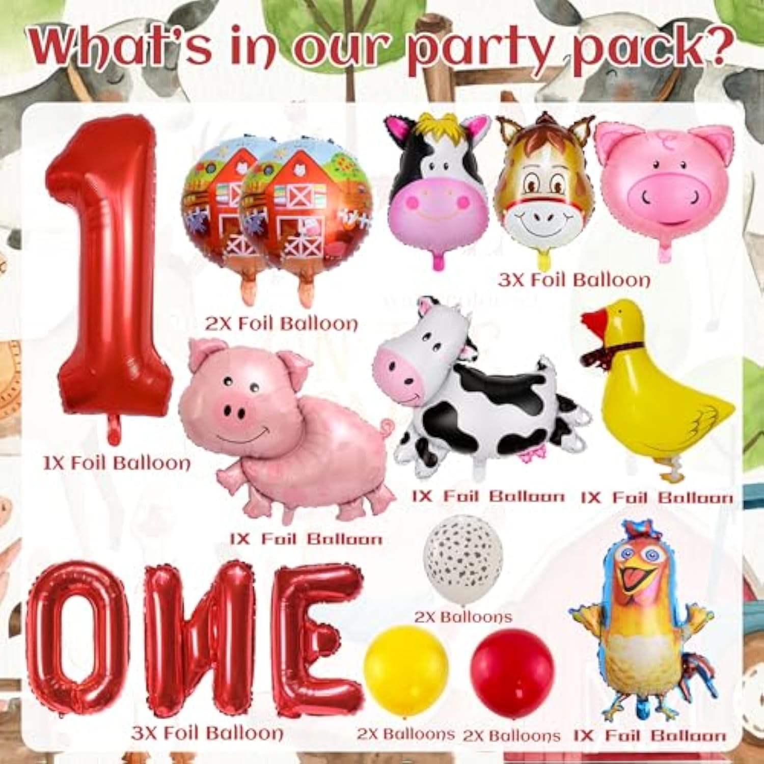 Farm Birthday Party Supplies 1 Year Old Farm Balloons Set Includes Round Farm Animal Letter Number 1 Foil Latex Balloons, Suitable For Farm Birthday Party