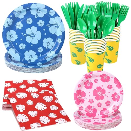 175 Pieces Hawaiian Cartoon Party Supplies Tropical Hawaii Hibiscus Floral Tableware Set 7 Inch & 9 Inch Paper Plates Napkins Cups Cutlery for Birthday Blue Cartoon Party, Serve 25 Guests