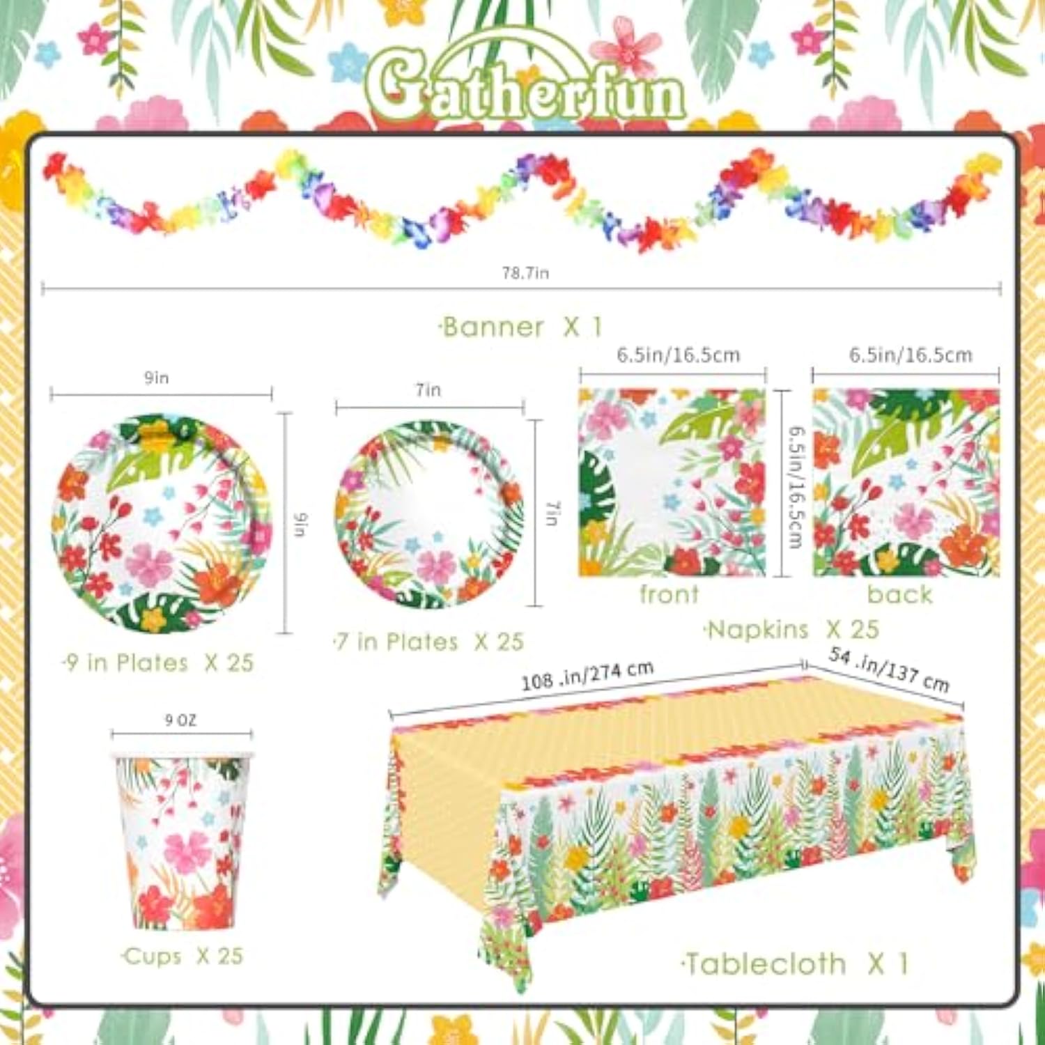 Tropical Luau Party Supplies Kit For 25 - Aloha Hawaiian Party Decorations With Disposable Paper Plates, Napkins, Cups, Tablecloth, And Banner | Bbqs & Summer Party