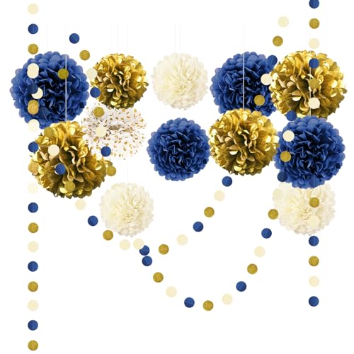 15 PCS Navy Blue Gold Tissue Paper Pom Poms for Men Birthday