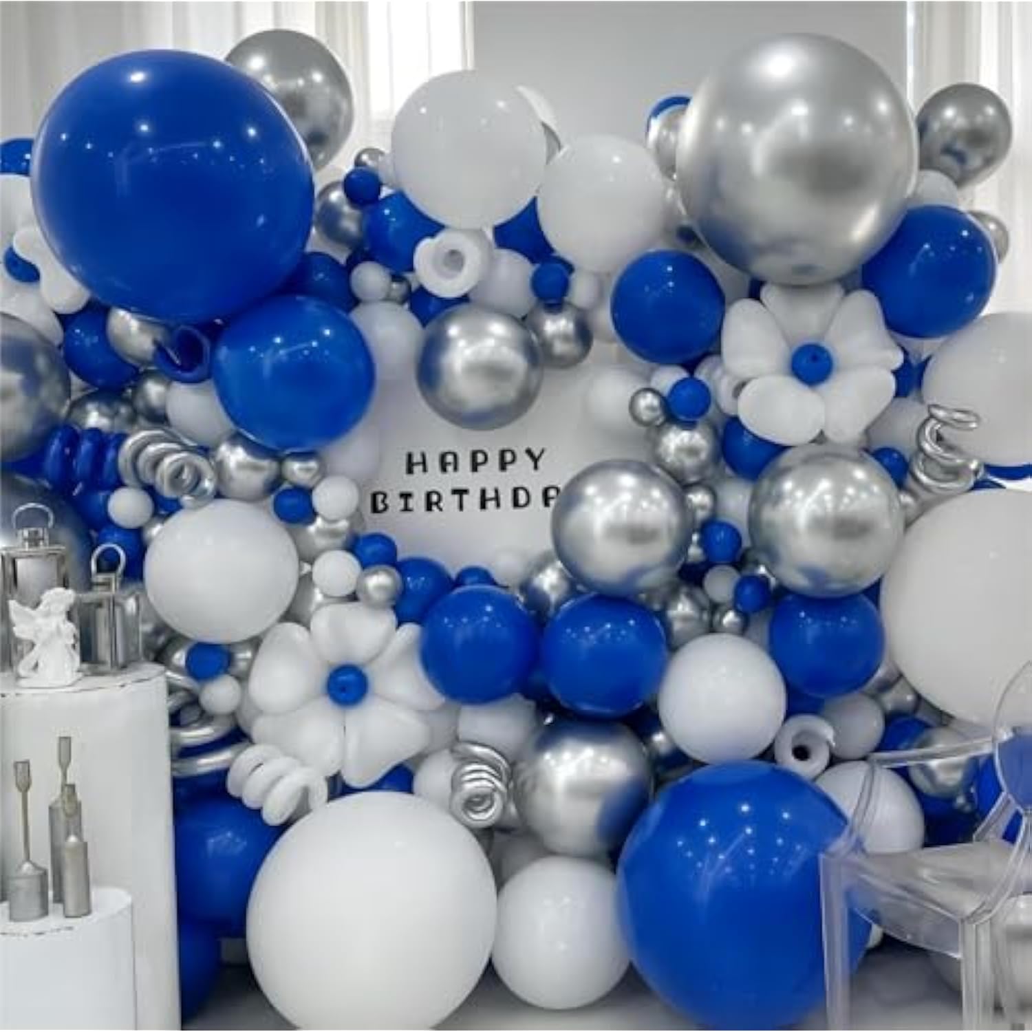 136-Pc Blue, White, and Silver Balloon Garland Kit with Confetti for Party Decor