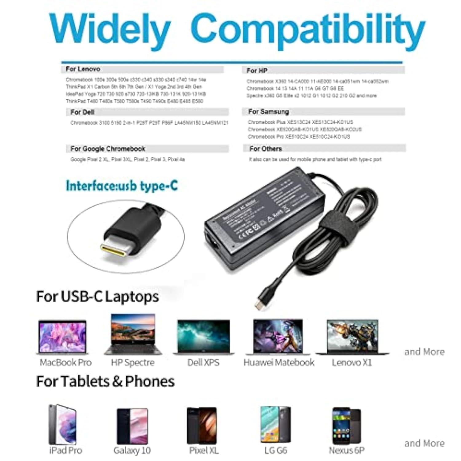 Usb C Laptop Charger 65W For Lenovo Yoga 720 730 720-13Ikb 730-13Ikb X13 Think