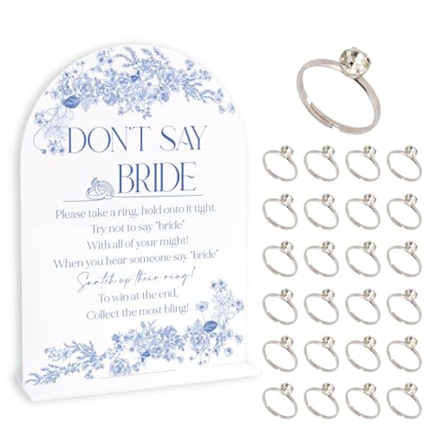 Blue Flower Bridal Shower Ring Game, 1 Sign And 50 Rings, Bridal Shower Decorations, Put A Ring On It Bridal Shower Game, Wedding Shower Games(Jzxn03)
