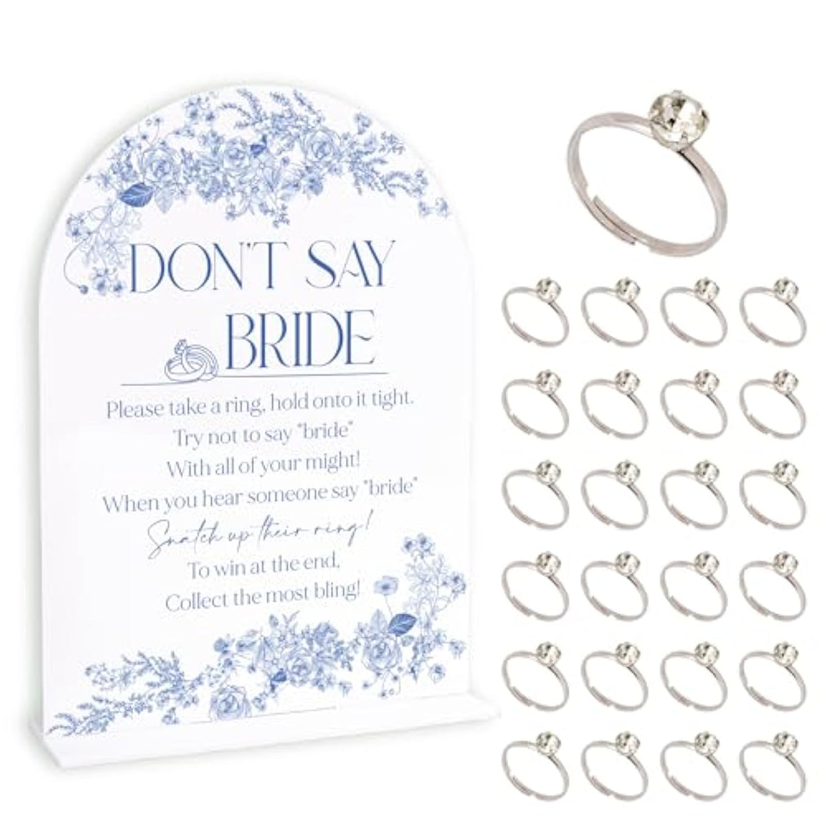 Blue Flower Bridal Shower Ring Game, 1 Sign And 50 Rings, Bridal Shower Decorations, Put A Ring On It Bridal Shower Game, Wedding Shower Games(Jzxn03)