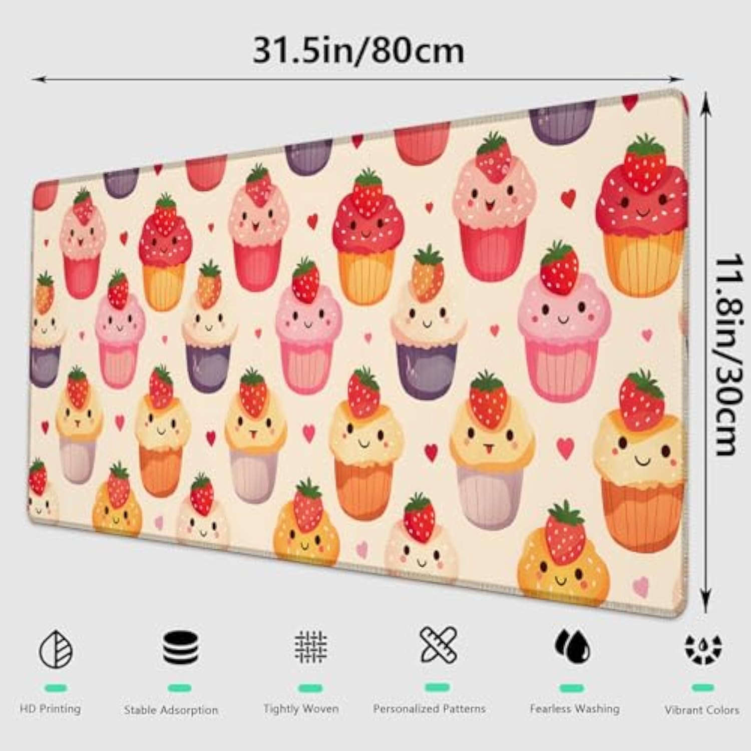 Cute Cupcake Gaming Mouse Pad, Large Office Desktop Adorable Kawaii Dessert Mousepad For Computer Laptop, Extended Work Desk Mat With Anti-Slip Base, Decorative Desk Pad 31.5×11.8 In
