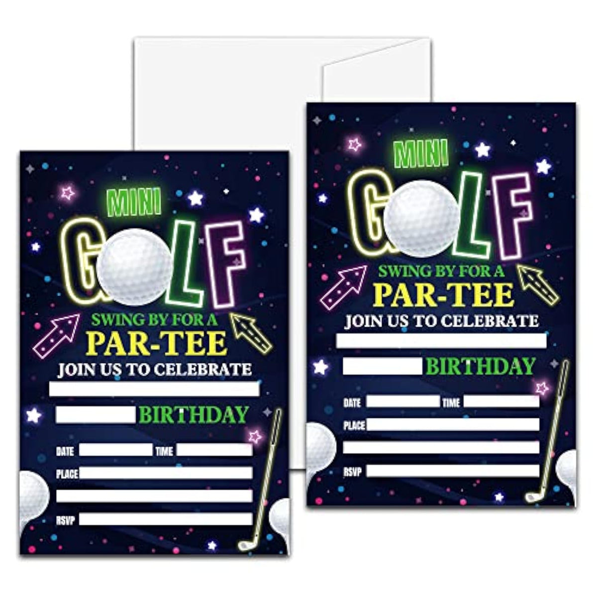Golf Birthday Party Invitation, Mini Golf Themed Fill-In Invites, 20 Invitations With Envelopes For Friends (4" X 6"), Neon Glow Party Favors Decorations And Supplies -47