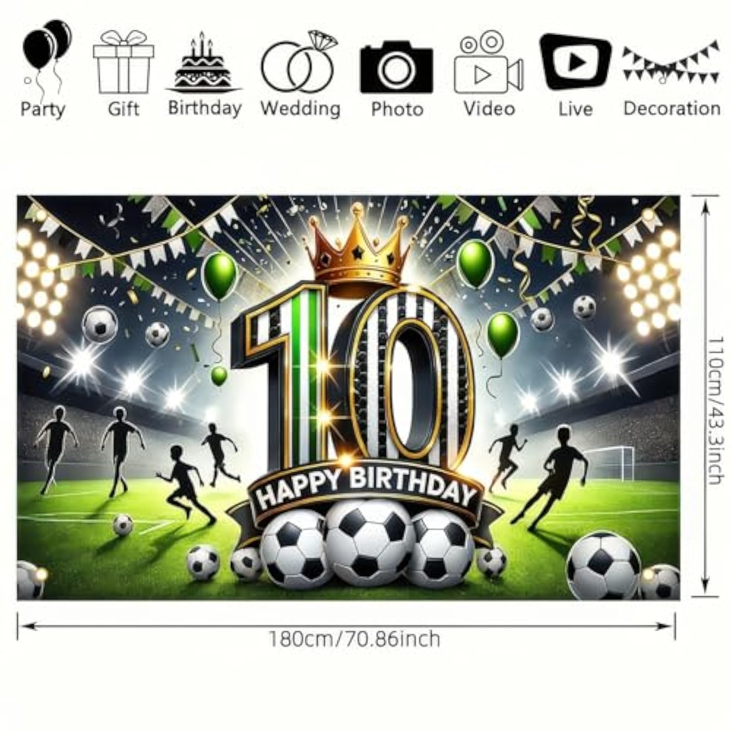 Happy 10th Birthday Soccer Banner Party Backdrop & Photo Props for Boys & Girls