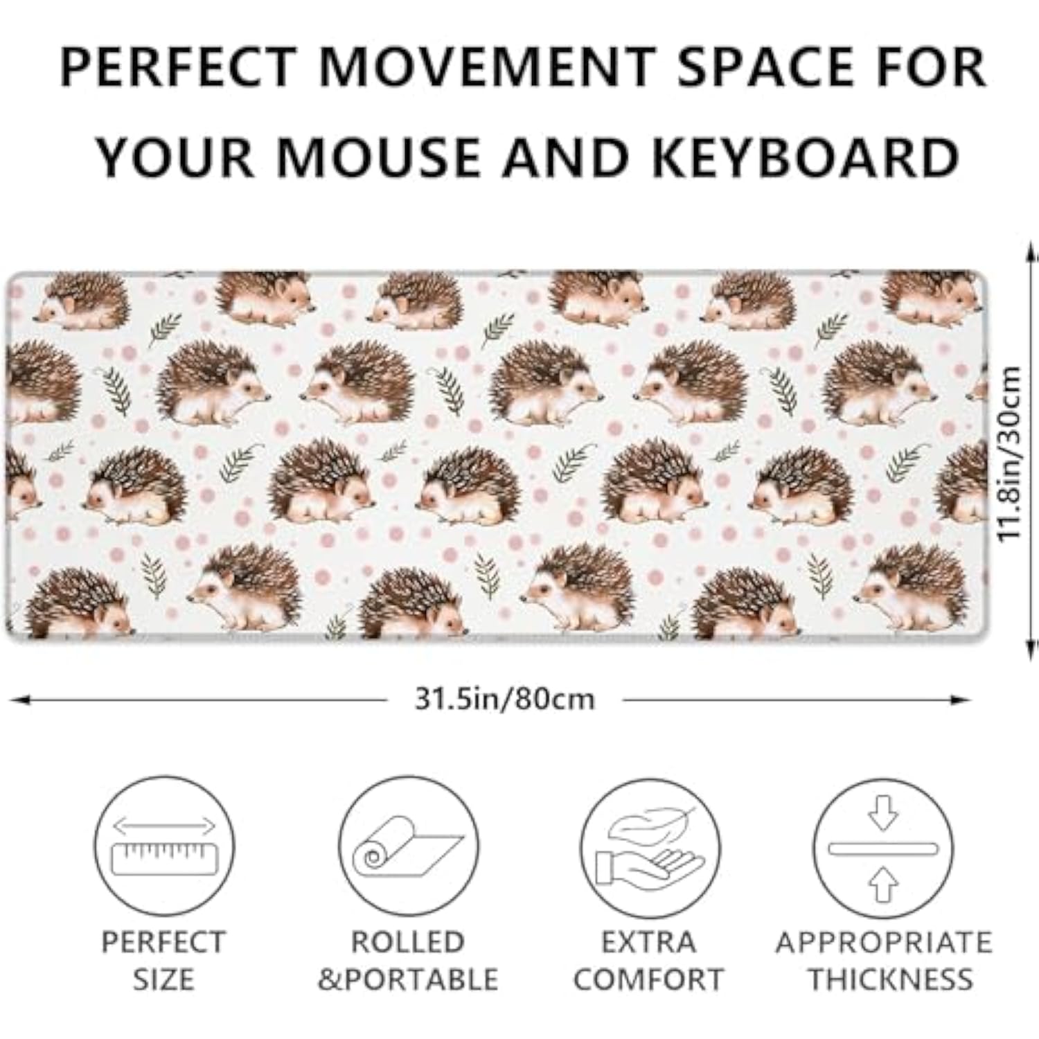 Cute Hedgehog Gaming Mouse Pad, Lovely Forest Animals Large Desk Mat For Computer, Extended Keyboard Laptop Mouse Pads 31.5×11.8In, Non Slip Rubber Mousepad For Office Decor Gifts