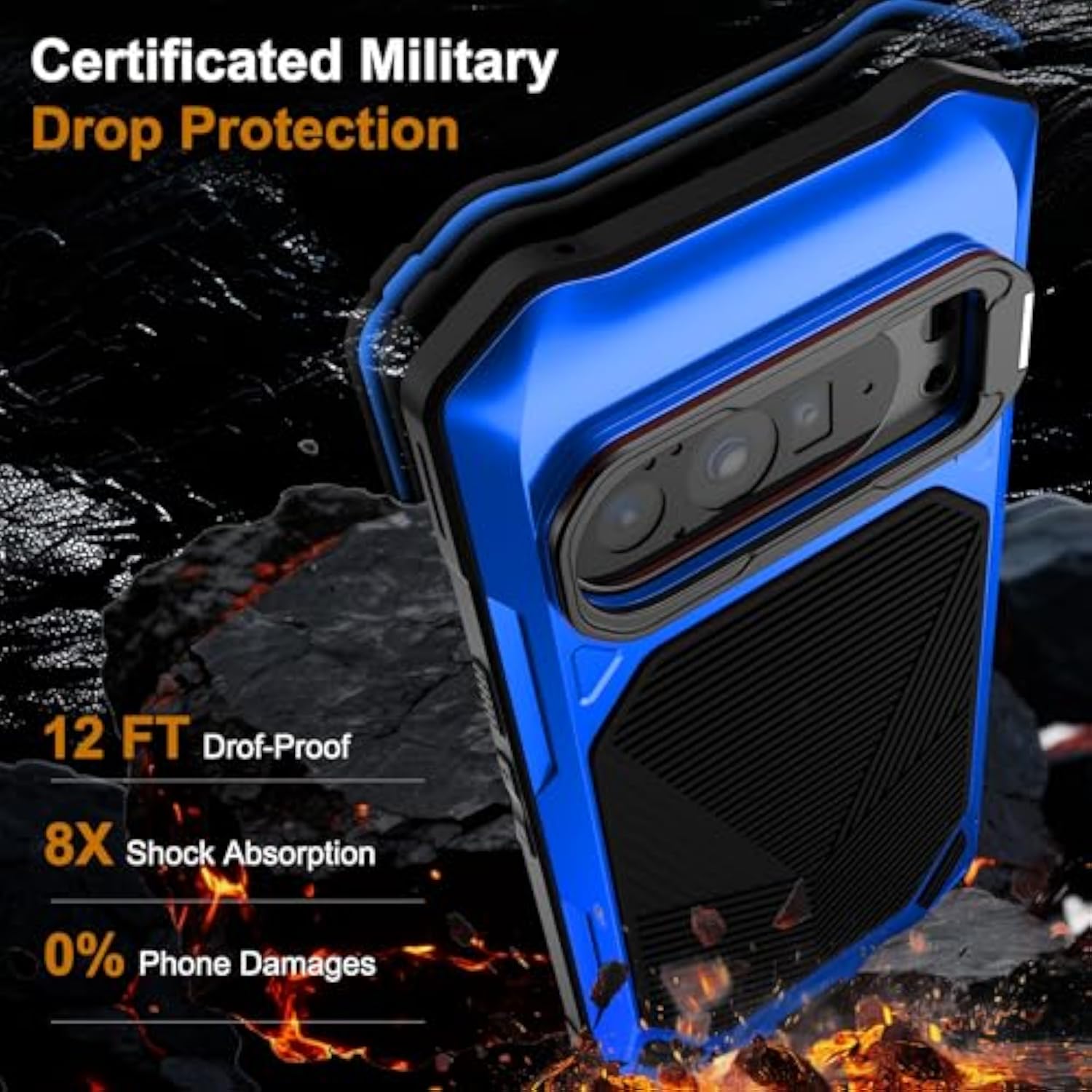 Google Pixel 10 Pro XL/9 Pro XL Heavy Duty Metal Case with Camera Kickstand and Tempered Glass Screen Protector, Blue, 2025