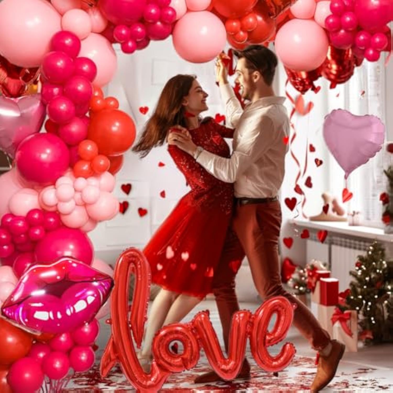 Galentines Day Balloon Garland Arch Kit Red Hot Pink And Macaron Pink Balloons With Heart Lip Balloons Curtains Backdrop For Girls Valentine'S Day Galentines Day Party Anniversary Party Decoration