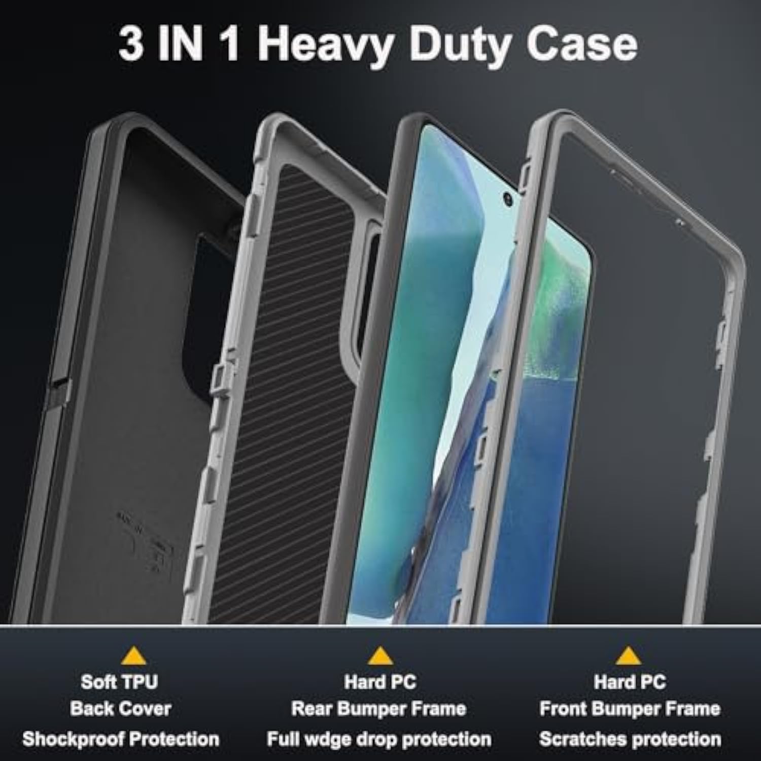 For Samsung Galaxy Note 20 Case With 2Pcs Self Healing Flexible Tpu Screen Protector & Camera Lens Protector, 3 In 1 Heavy Duty Shockproof/Drop Proof/Dust Proof Case (Black/Grey)