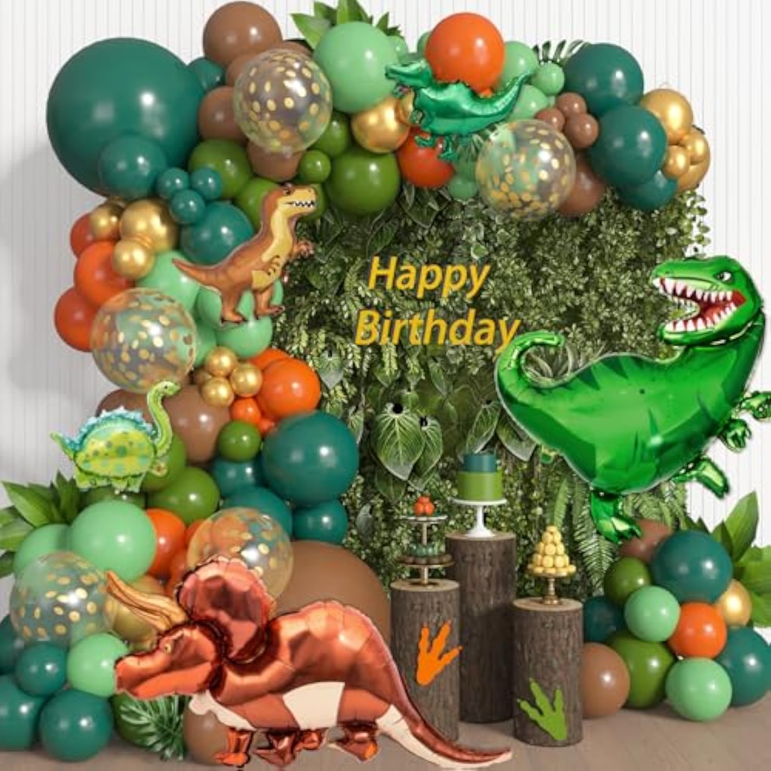161-Pc Dinosaur Balloon Garland Kit Green, Brown & Orange Dino Party Decor