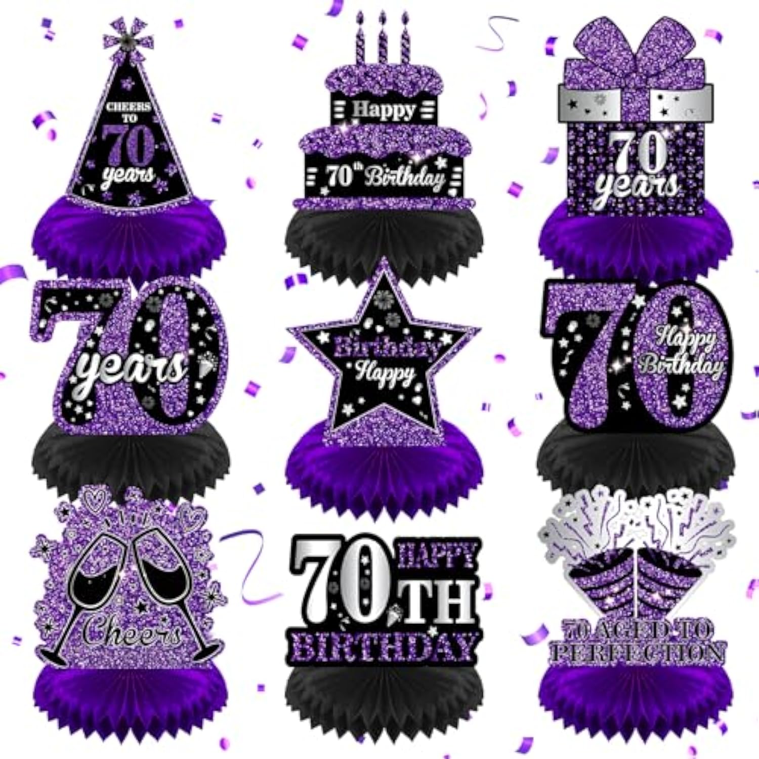 9Pcs Purple 70Th Birthday Decorations Purple Black Happy 70Th Birthday