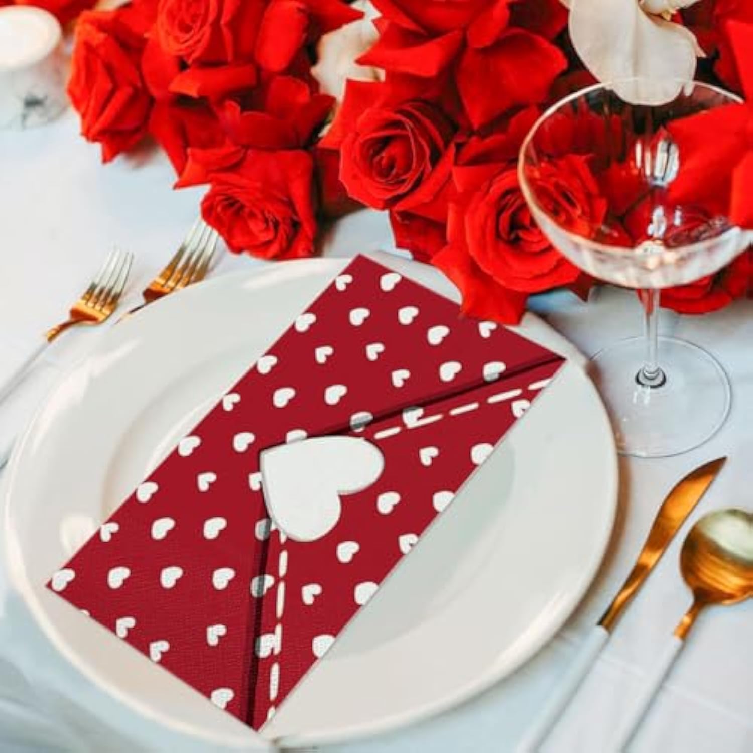 50 Valentine Disposable Paper Decorative Guest Napkins, Red Love Heart Envelope Hand Towel For Party Lunch Dinner Kitchen Bathroom