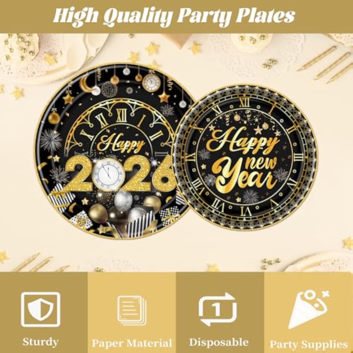 Happy New Years Eve Decorations 2026, 96Pcs New Years Eve Disposable Paper Plates And Napkins Party Supplies 2026, Nye Forks Decor 2026
