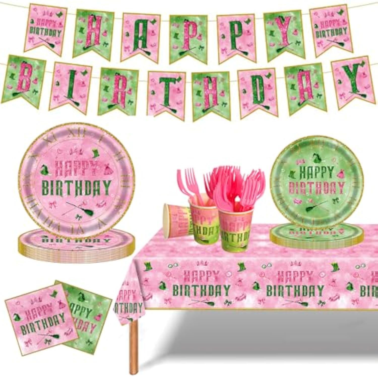 122Pcs Wicked Party Supplies Pink And Green Birthday Party Decorations Witch Party Decorations Tableware Set Wicked Plates And Napkins,Banner,Tablecloths,Cups For 24 Guests